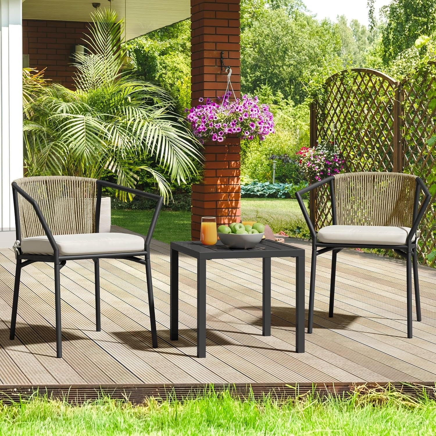 Wicker 3-Piece Outdoor Bistro Set, All-Weather Patio Conversation Set with Stackable Chairs & Table, Outdoor Sectional Furniture Set for Balcony, Backyard, Pool, Porch, Deck - Beige-1