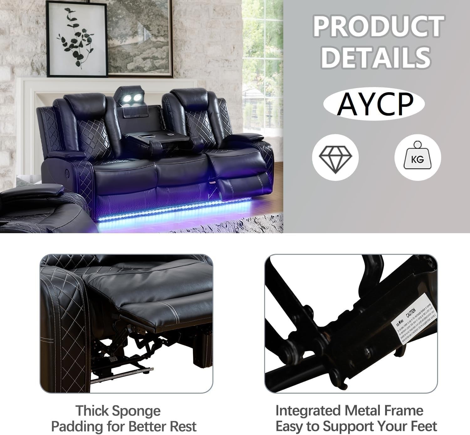 Multifunction Power Air Leather Recliner Sofa Set with LED Lights, Living Room Furniture, Reclining Sofa, Loveseat, Chair with USB Port/Storage Console/Cup Holders (Black, 3 Pieces)-3