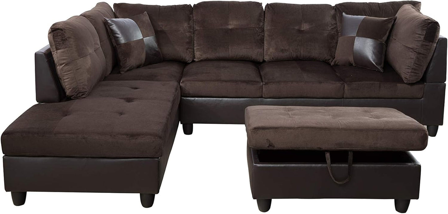 3-Piece Contemporary Sectional Sofa with Chaise and Storage Ottoman for Living Room Furniture | Faux Leather & Microfiber Upholstery|Removable High Density Memory Foam Cushions (Chocolate,Left-Facing)-1