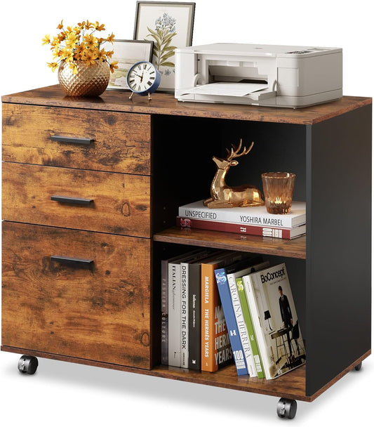 3 Drawer Mobile File Cabinet, Wood Lateral Filing Cabinet, Printer Stand with Open Shelves for Home Office, Rustic Brown-0
