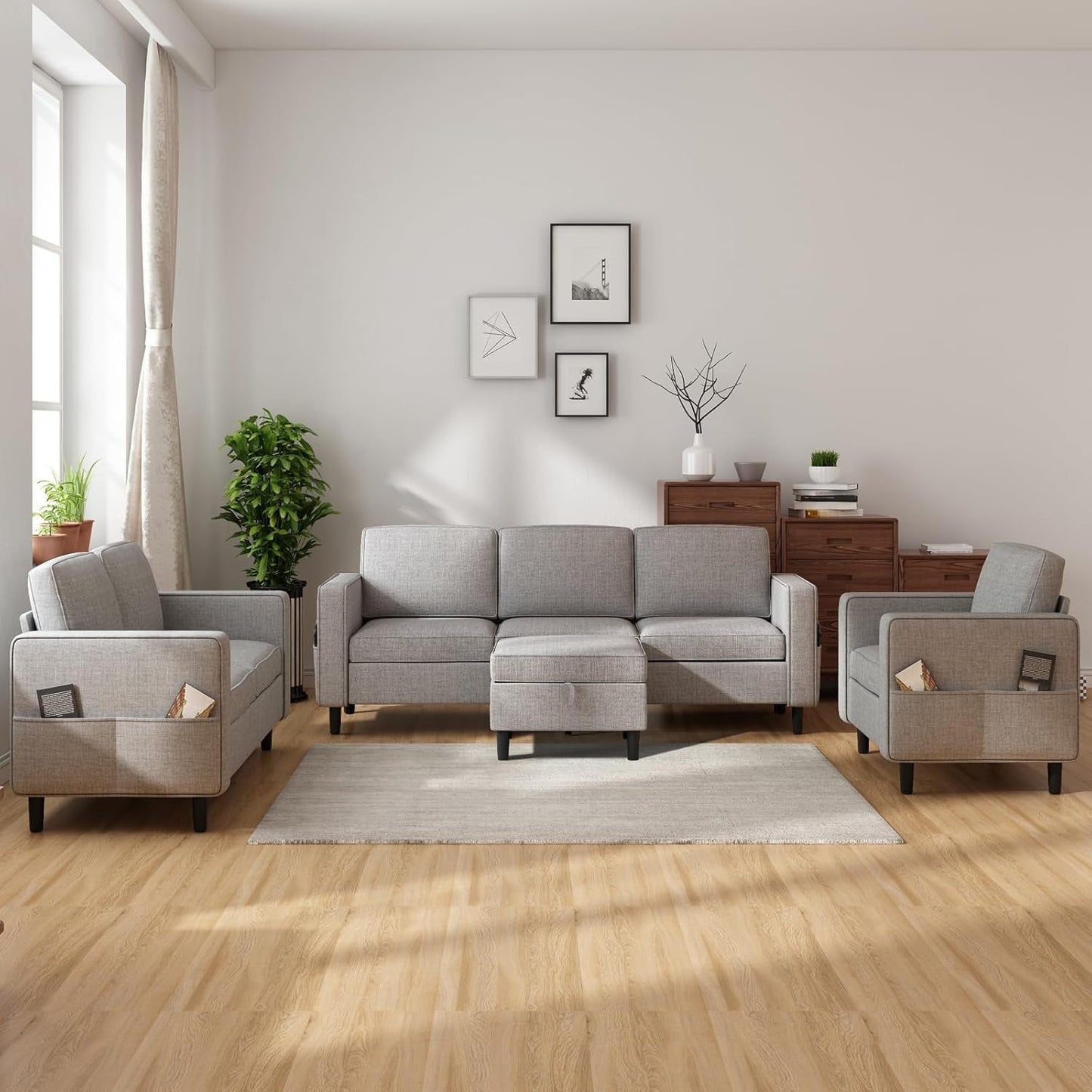 6 Seaters Sectional Upholstered Sofa, Linen Fabric Sofa Couch with Side Pockets, Free Combination Sofa Set with Movable Storage Ottoman, for Living Room-Sofa&Loveseat&Chair&Ottoman,Light Grey-2