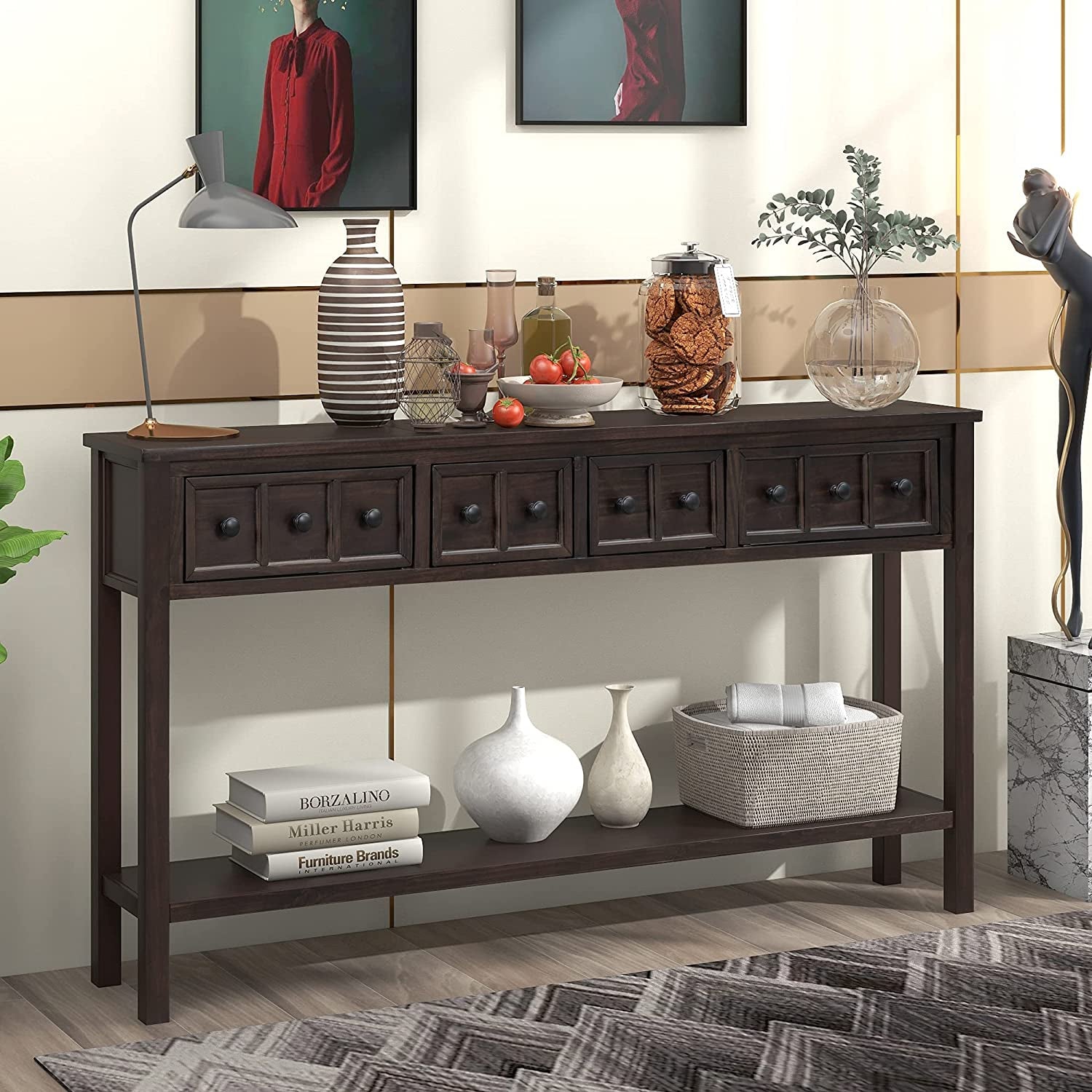 Rustic Console Table with Drawers and Shelf-0