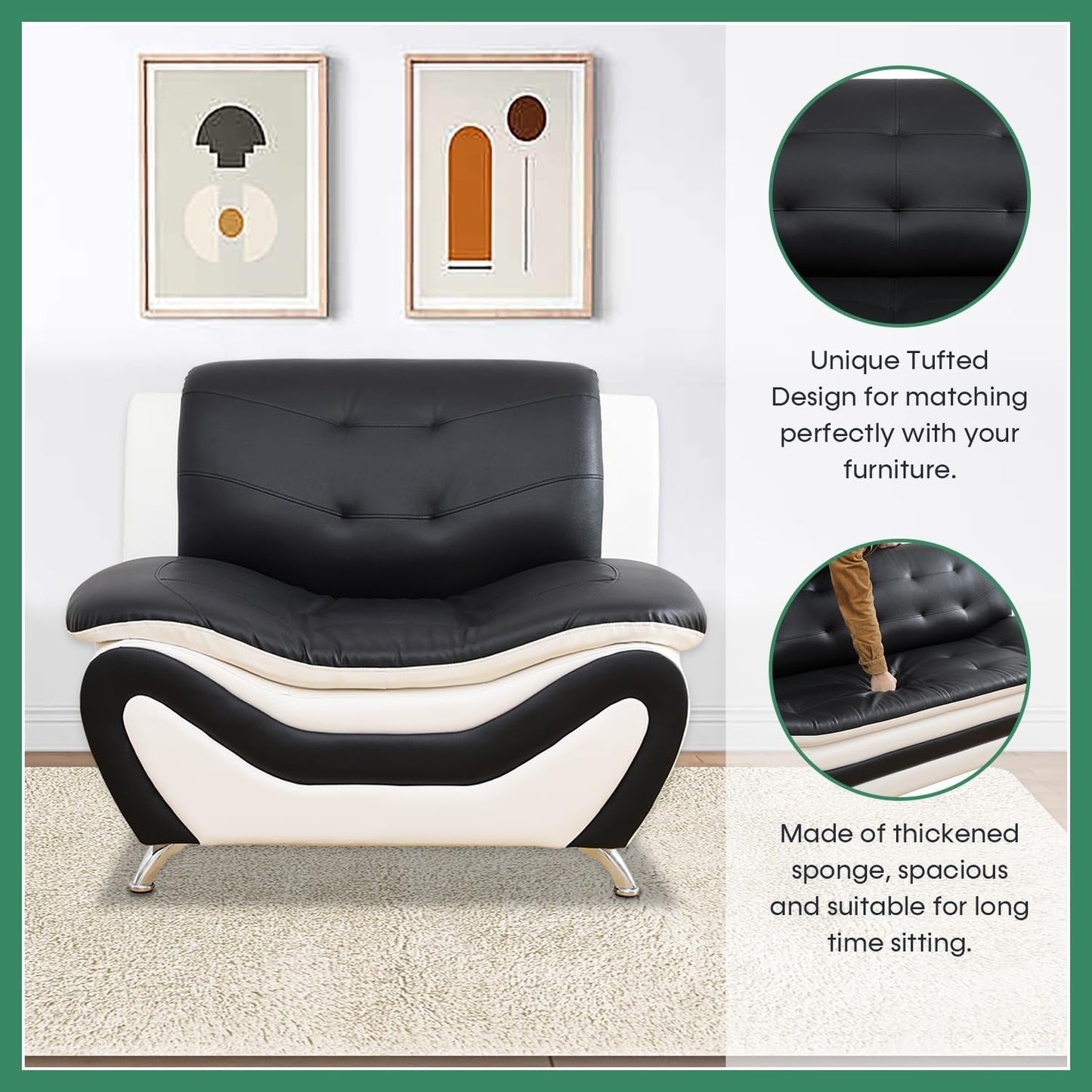 Leather Sofa Set,Leather Sofa Set for Living Room Furniture Sets, Loveseat Sofa with Chair 3-Piece for Living Room/Office/Apartment(Black&White)-3