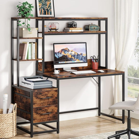 55 Inch Computer Desk with 2 Drawers and Storage Shelves, Rustic Office Desk with Hutch, Study Writing Gaming Table Laptop Workstation for Home Office (Brown)-0