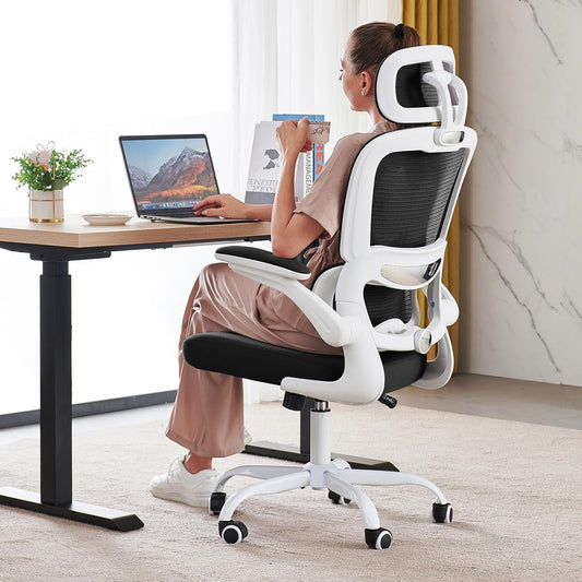 Office Chair Ergonomic Desk Chair, 330 LBS Home Mesh Office Desk Chairs with Wheels, Comfortable Gaming Chair, High Back Office Chair for Long Hours (Black & White)-0