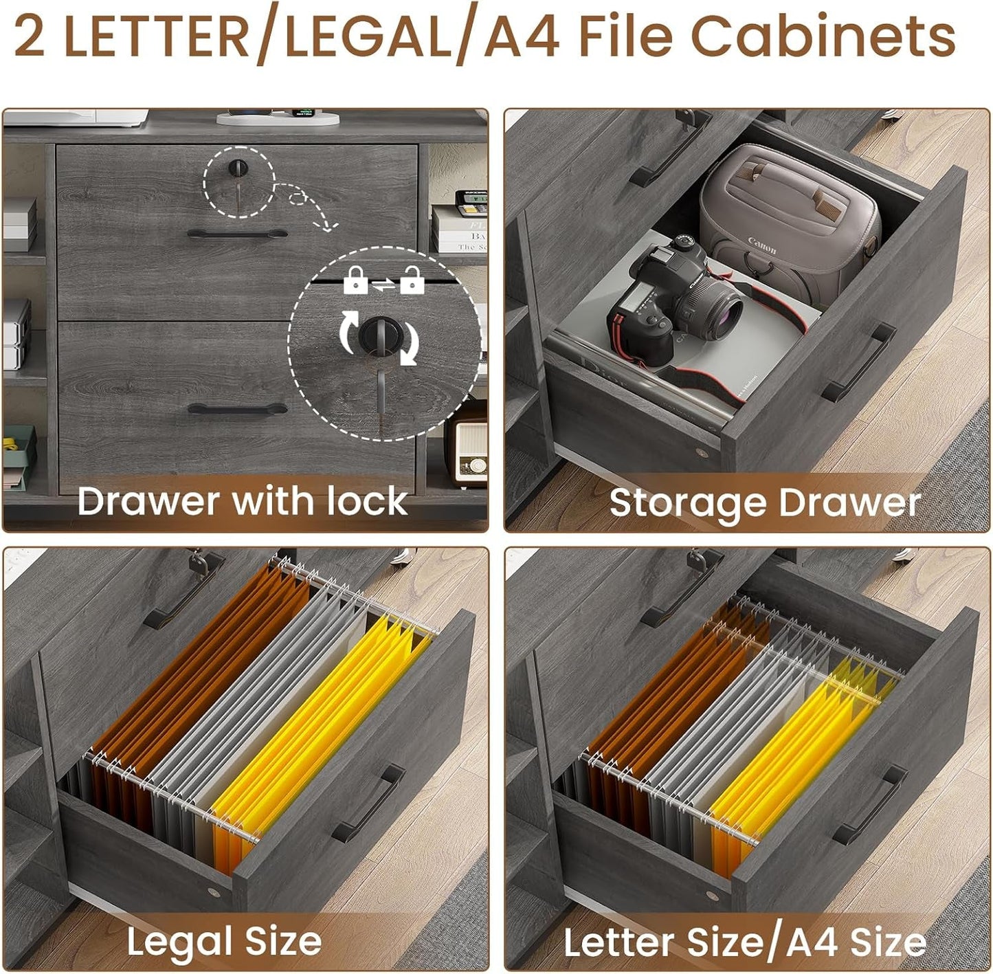 44" File Cabinet, Filing Cabinet Fits Legal/Letter Size, 2 Drawer File Cabinets for Home Office with Lock, Power Strip, 6 Storage Shelves, Grey-3