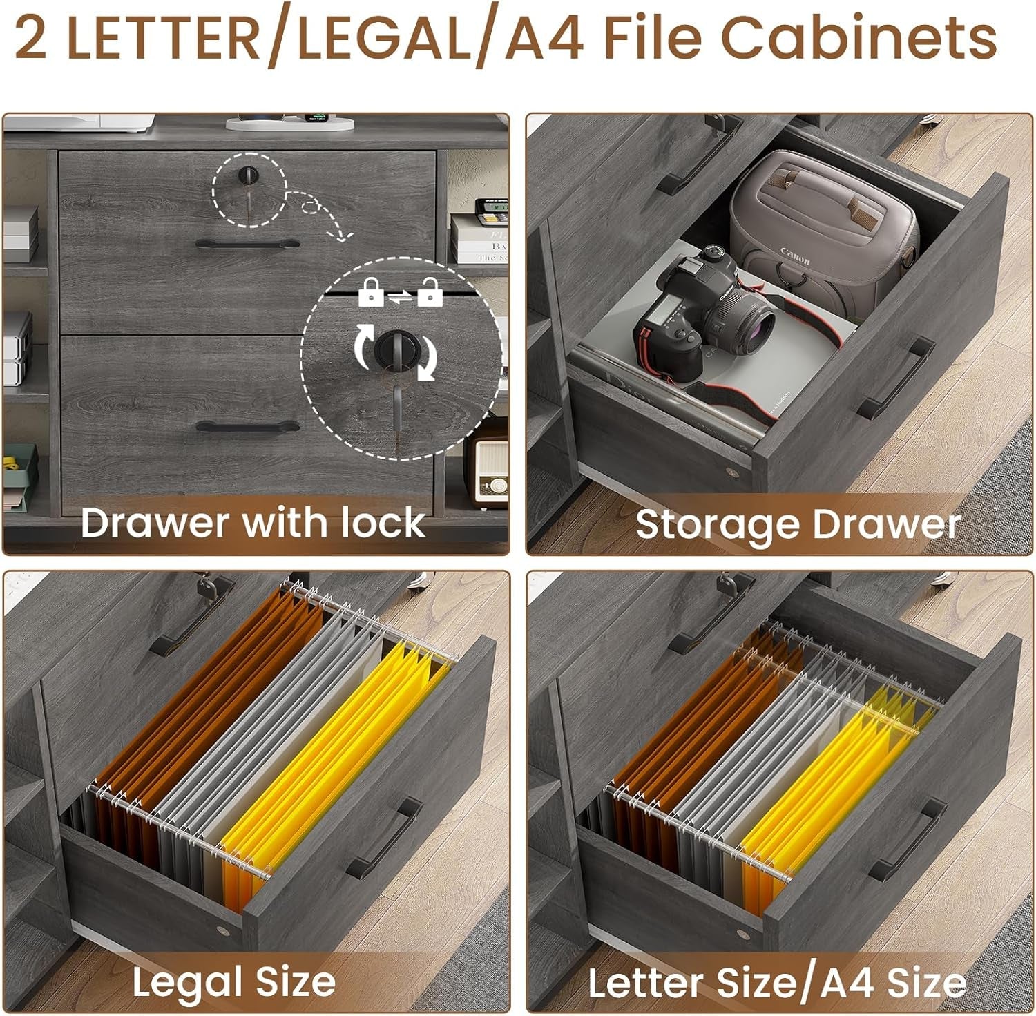 44" File Cabinet, Filing Cabinet Fits Legal/Letter Size, 2 Drawer File Cabinets for Home Office with Lock, Power Strip, 6 Storage Shelves, Grey-3