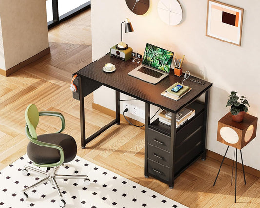 32-Inch Small Computer Desk with Fabric Drawers and Charging Station, Kids Girls Teen Study Writing Desk for Bedroom, Home Office Desk with Storage Shelf & Bag, Vanity Table for Small Space,Black-1