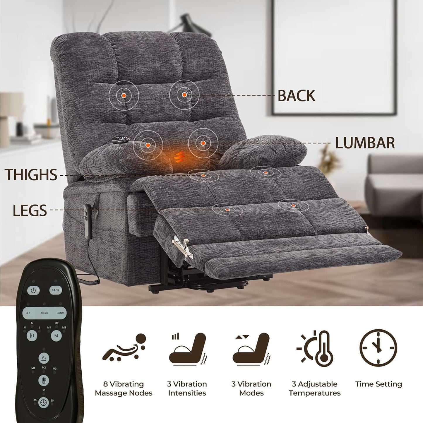 Big Tall Man Power Lay Flat Lift Recliner Extra Large Oversized Wide Heat Massage Dual Motor Recliners up to 400 LBS Electric Chairs,9205L Extended Footrest(Chenille Grey)-4