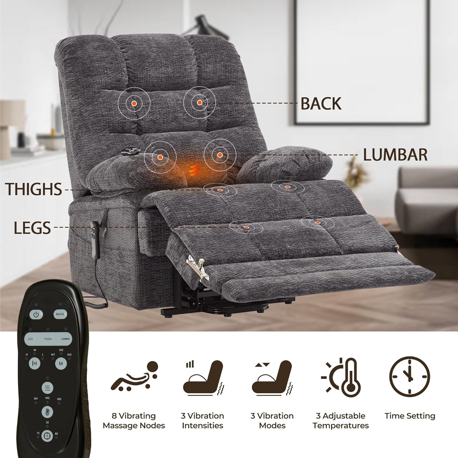 Big Tall Man Power Lay Flat Lift Recliner Extra Large Oversized Wide Heat Massage Dual Motor Recliners up to 400 LBS Electric Chairs,9205L Extended Footrest(Chenille Grey)-4