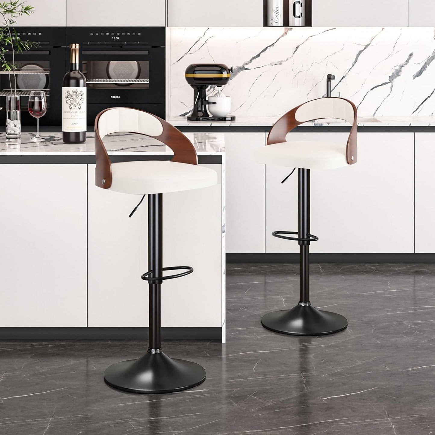 Bar Stool Set of 2, Counter Height Stools with Bentwood Back,Arm&Footrest, PU Leather Cushion Seat Adjustable Height Swivel Barstools for Club Pub,Kitchen Island and Dining Room,Creamy White-0