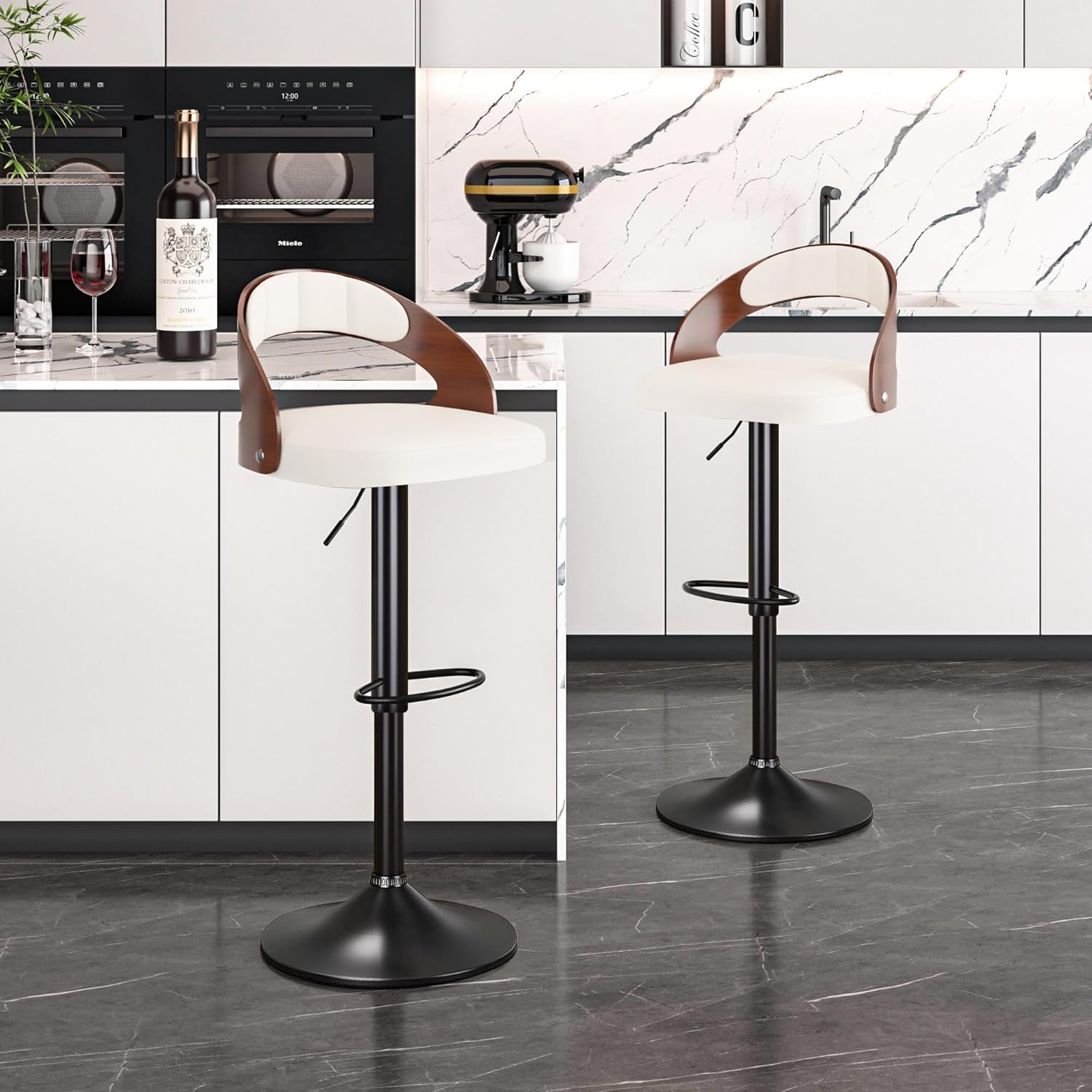 Bar Stool Set of 2, Counter Height Stools with Bentwood Back,Arm&Footrest, PU Leather Cushion Seat Adjustable Height Swivel Barstools for Club Pub,Kitchen Island and Dining Room,Creamy White-0