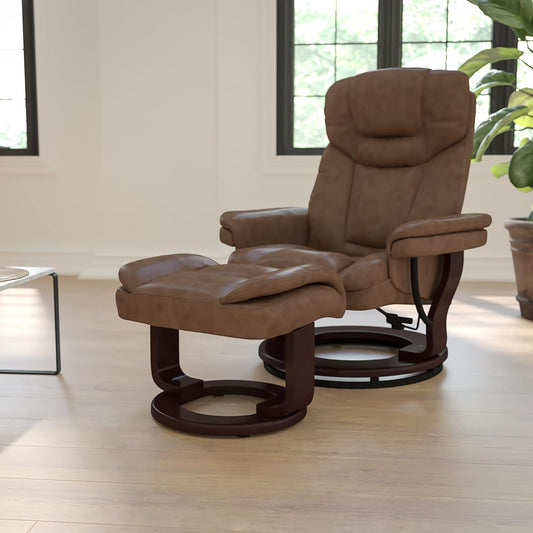 Allie Leathersoft Upholstered Recliner with Footrest, Arms, and Headrest, Padded Swivel Recliner Chair and Ottoman Set, Palimino-1