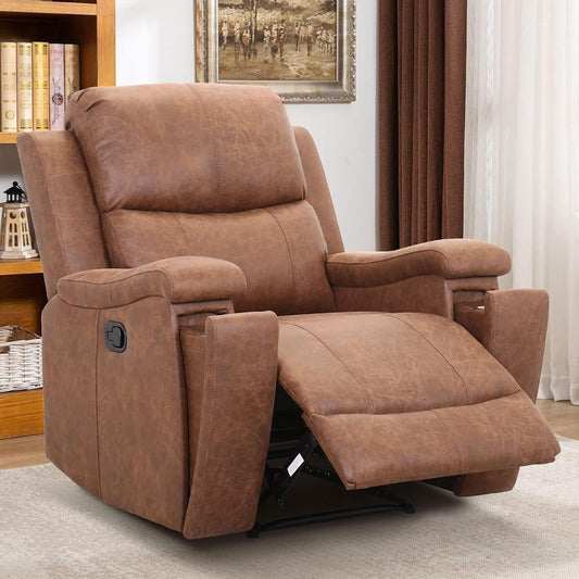 Leather Recliner Chair, Classic and Traditional Manual Recliner Chair with Overstuffed Arms and Back, Manual Single Sofa with Concealed Cup Holders, Brown-0
