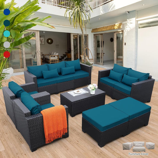 Patio Furniture Set 7 Pieces Couch Outdoor Chairs Coffee Table Peacock Blue Anti-Slip Cushions and Waterproof Covers-0