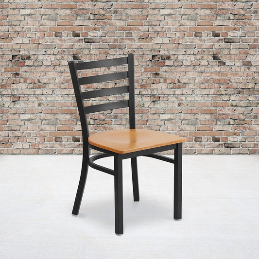 2 Pack HERCULES Series Black Ladder Back Metal Restaurant Chair - Natural Wood Seat-1