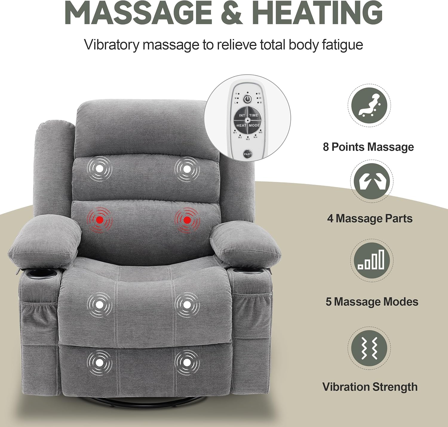 Rocker Recliner Chair with Heat and Massage, 360° Swivel Recliner Chairs for Adults, Oversized Recliner Single Sofa Seat with Cup Holders, Lazy Boy Recliner Single Sofa Seat, Grey-3
