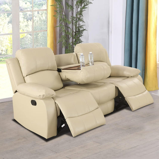 Faux Leather Recliner Sofa Set, Reclining Living Room Set, Manual Reclining Sofa and Loveseat with Recliner Chair (Beige, SOFA+LOVESEAT)-1