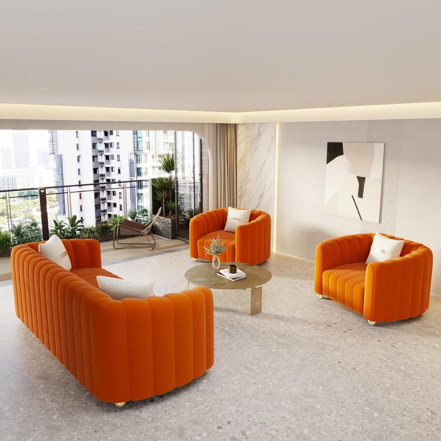 KEAI Velvet Tufted Sofa Set for Living Room, Modern Design Couch Set with Gold Metal Ball Legs, Lovely Upholstered Sherpa Furniture Set for Office (Orange, 1+1+3 Set)-4