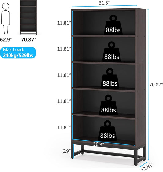 Tall Bookcase and Bookshelf, 70.8” Large Bookcases Organizer with 5-Tier Storage Shelves, Heavy Duty Free-Standing Library Bookshelf Shelving Unit for Living Room, Bedroom (Sandalwood)-1