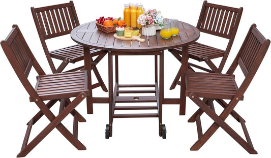 5 Piece Patio Dining Set Outdoor Acacia Wood Furniture All-Weather Folding round Table and Chairs for Backyard, Balcony, Porch, Deck, Garden, Dark Brown-0