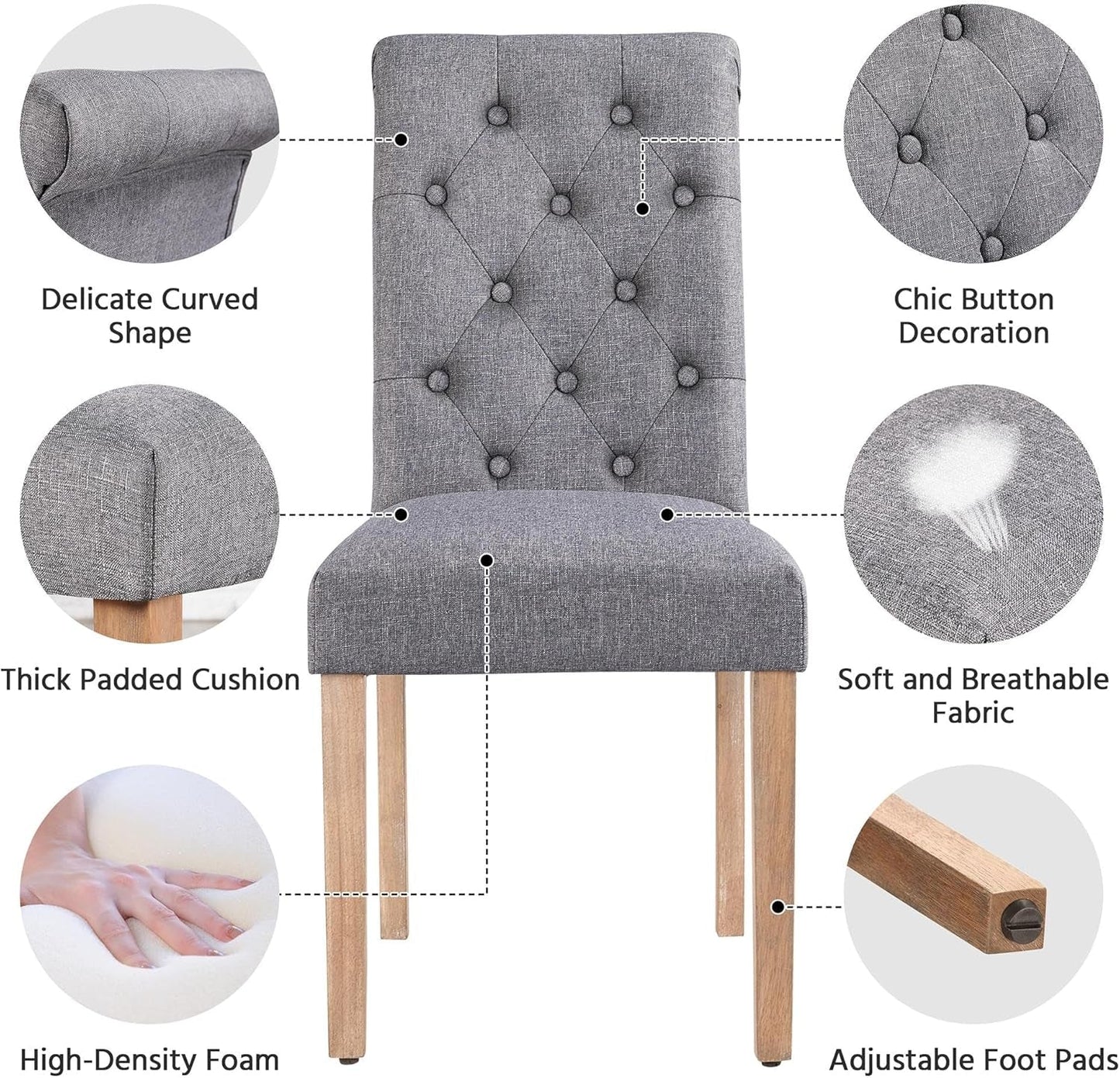 Dining Chairs Set of 2 Fabric Upholstered Dining Chairs High Back Padded Chairs Button Tufted Parsons Kitchen Chairs with Solid Wood Legs for Home, Dining Room, Kitchen, Dark Gray(1 Package)-4