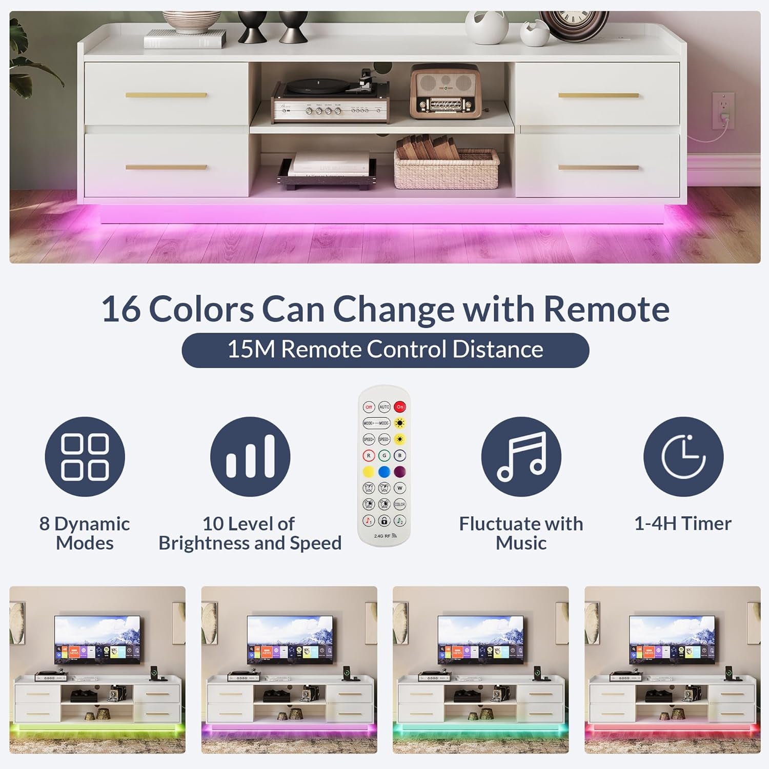 66" TV Stand for Tvs up to 75", LED Light Entertainment Center with Power Outlet, 4 Drawers and 2-Tier Open Shelves TV Cabinet, TV Console for Living Room, Bedroom - Corrigan (White)-1