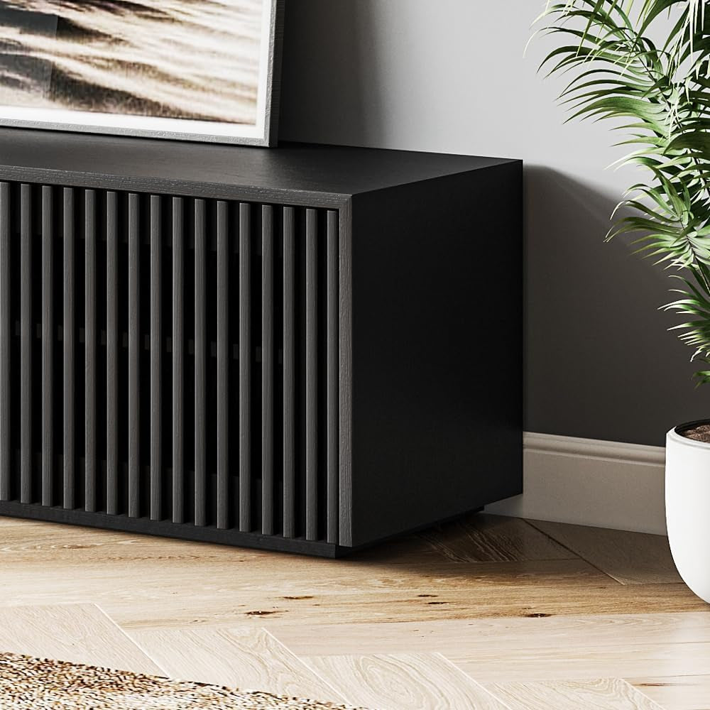 Modern Solid Wood TV Stand, Black Entertainment Center for 65 Inch TV, Full Assembled Media Console with Storage, Farmhouse Low TV Cabinets for Living Room Bedroom, Oak Veneer-3