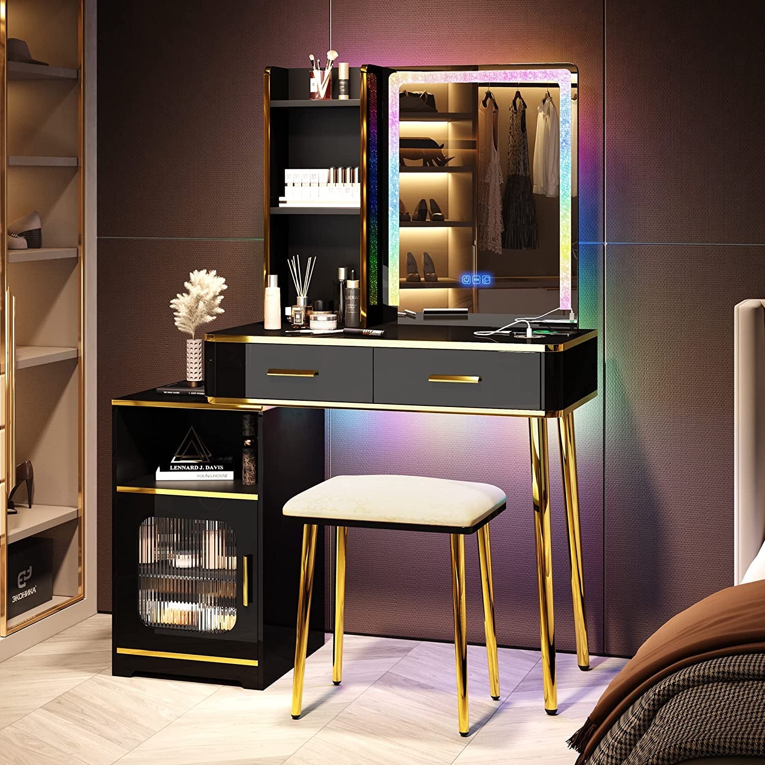 Black Makeup Vanity Set with RGB LED Lighted Mirror-1