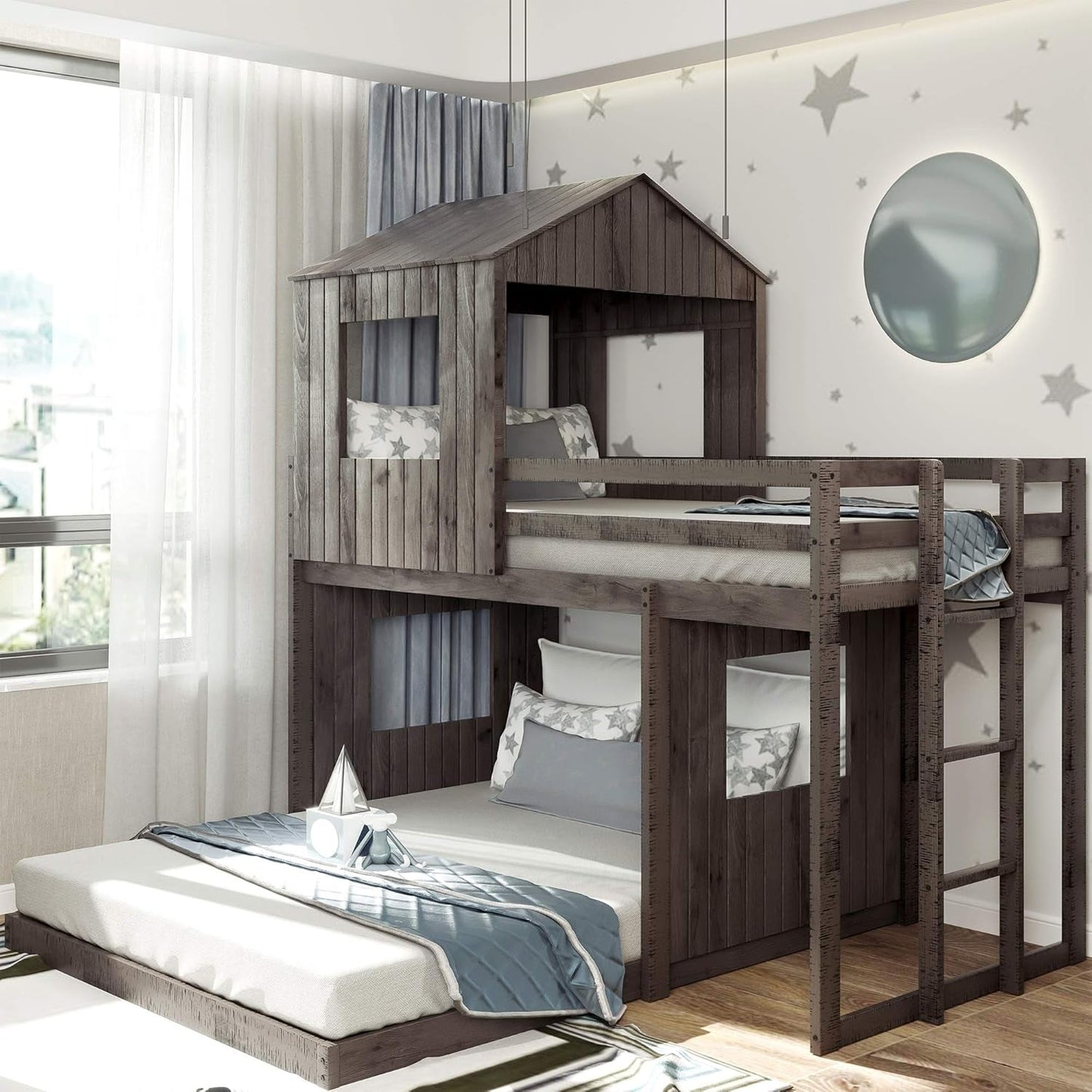 House Bunk Beds Twin over Full Size, Wood Bunk Beds with Roof and Window (Distressed Grey, Twin over Full)-0
