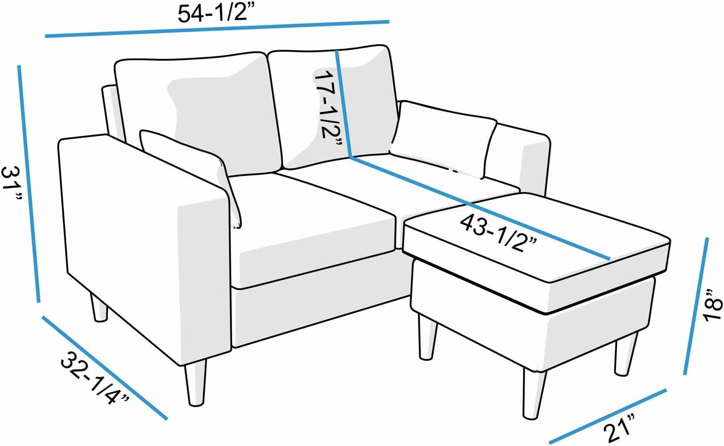 Modern Sofa Set 2 3 Seater with Footstool Sofa Suite Convertible Sectional Furniture for Living Room (Grey, 2 Seater with Footstool)-2