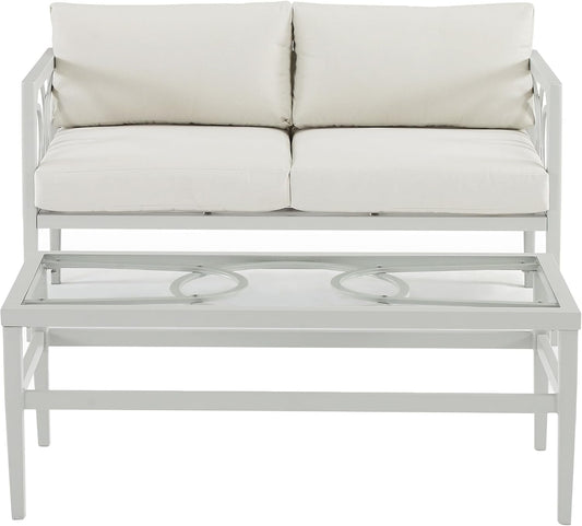 Ashford 2-Piece Outdoor Coffee Table and Loveseat Patio Furniture Set for Porch, Deck, Gray with Creme Cushions-1