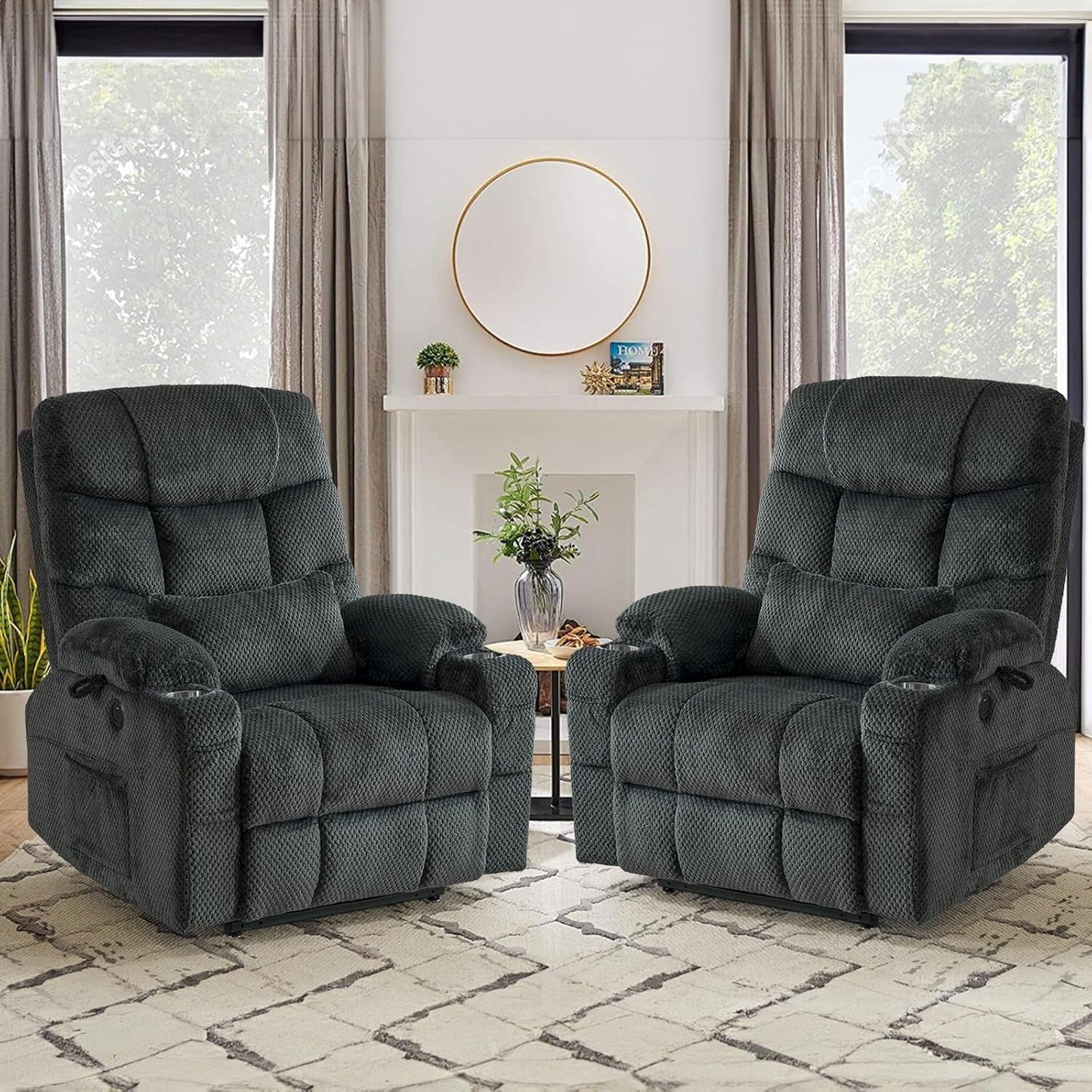 Large Dual Motor Lay Flat Power Lift Recliner Chair Set of 2 for Elderly with Massage and Heat, Textile Oversized Recliner Chair, Lift Chairs Recliner with Lumbar Pillow, Cup Holder, Grey-0