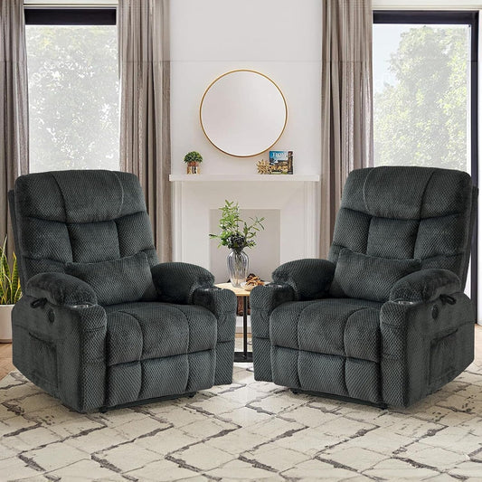 Large Dual Motor Lay Flat Power Lift Recliner Chair Set of 2 for Elderly with Massage and Heat, Textile Oversized Recliner Chair, Lift Chairs Recliner with Lumbar Pillow, Cup Holder, Grey-0