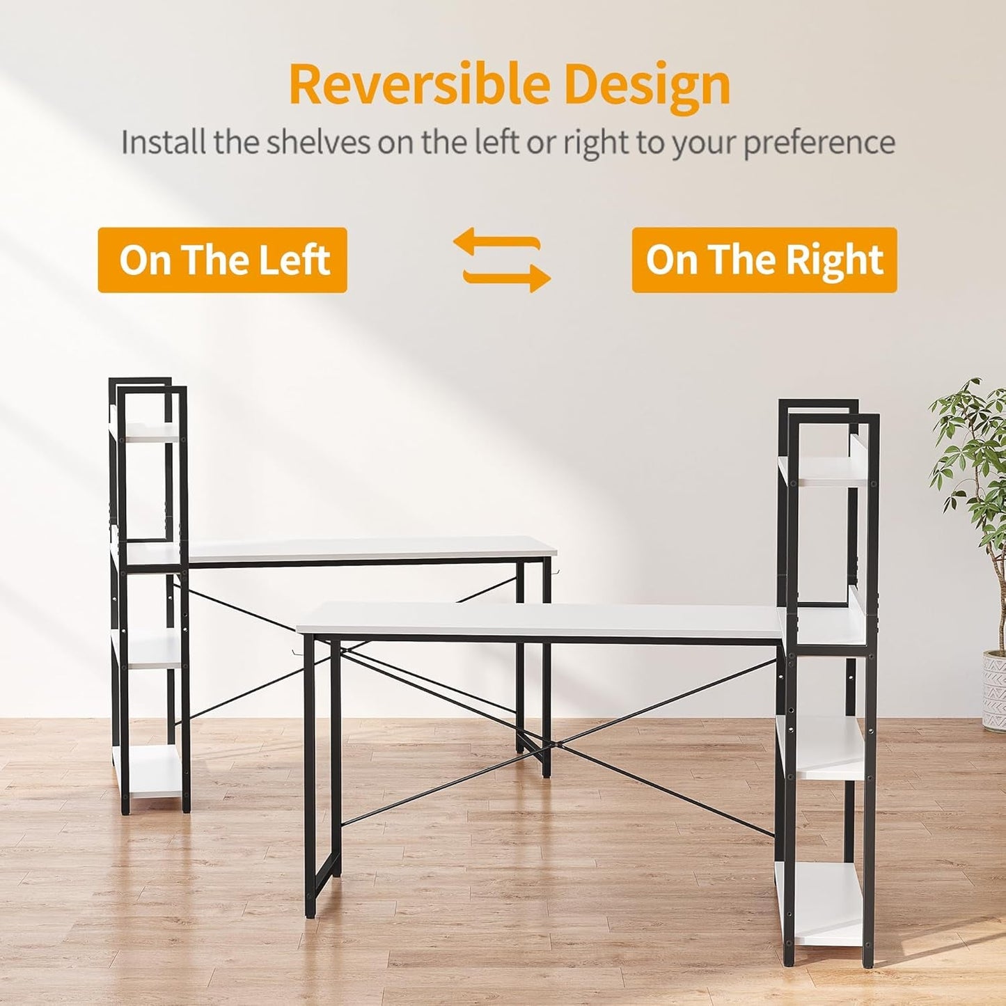 Computer Corner Desk with Storage Shelves, 47 Inch Reversible Small L Shaped Computer Desk, Home Office Writing Desk with 2 Hooks, White-4