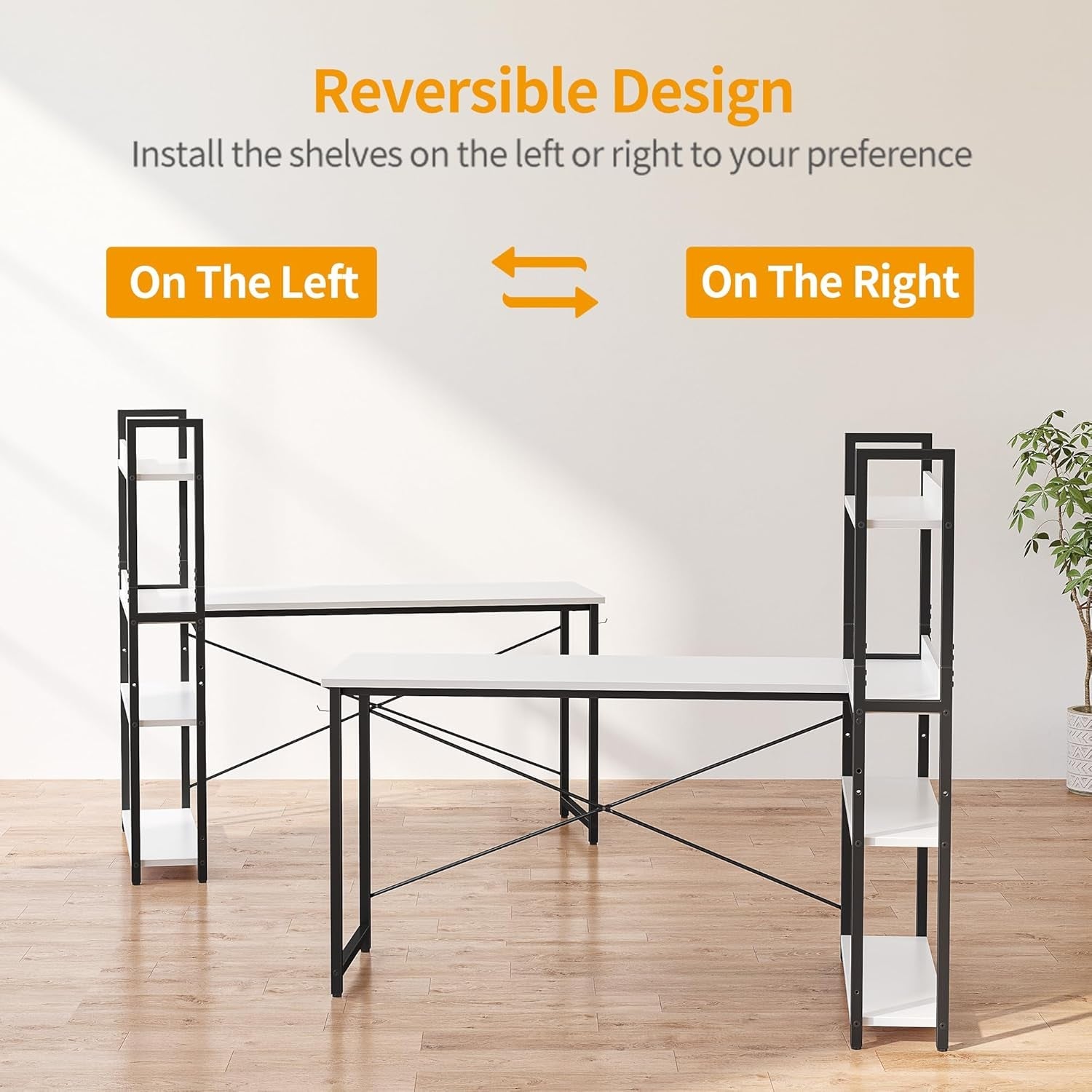 Computer Corner Desk with Storage Shelves, 47 Inch Reversible Small L Shaped Computer Desk, Home Office Writing Desk with 2 Hooks, White-4