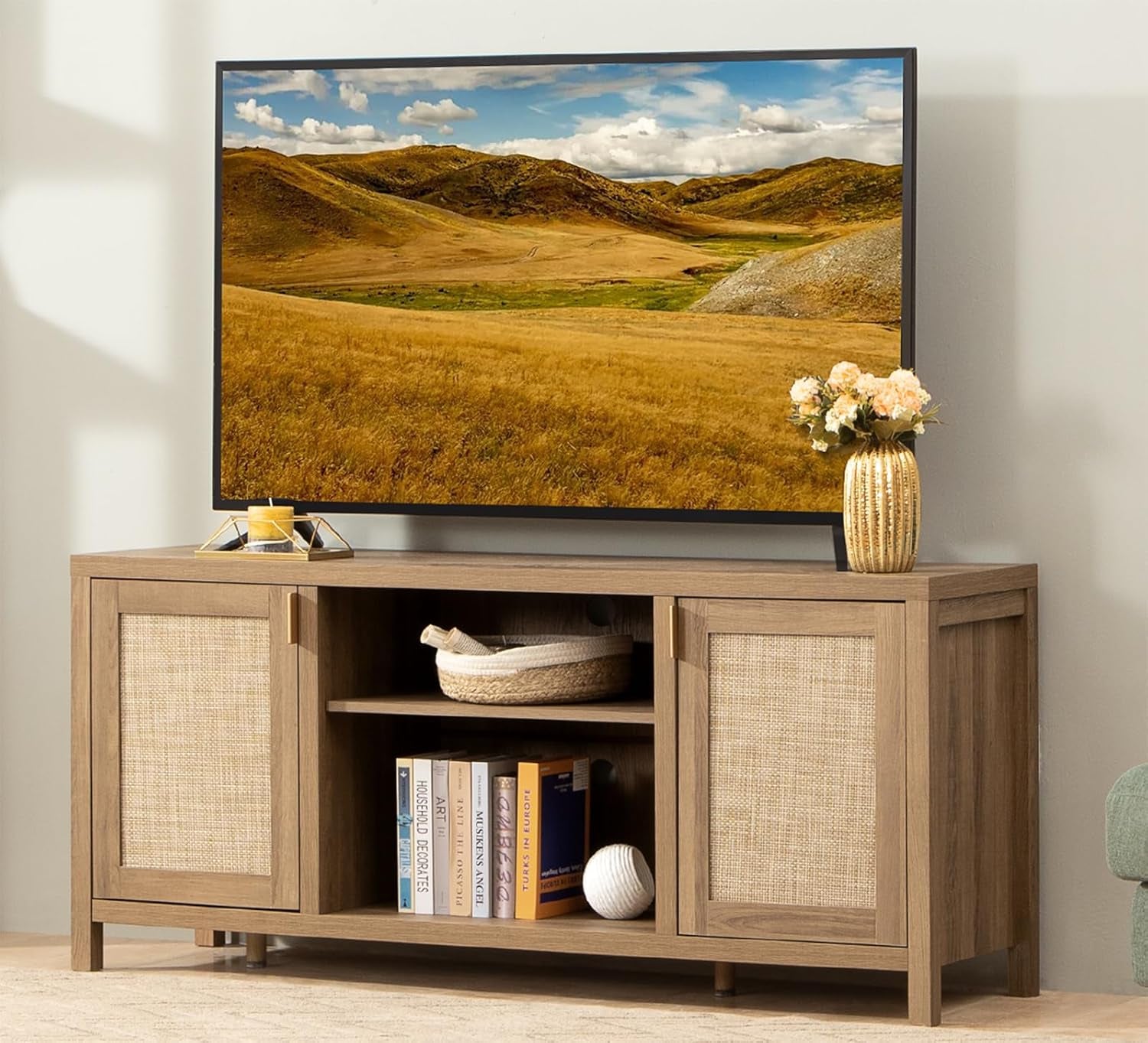 TV Stand for Living Room : Rattan TV Console Cabinet with Storage and Shelf, Boho Entertainment Center, 59" Media Console for 55, 65 Inch TV, 26" Tall Wood Television Stands, Oak-0
