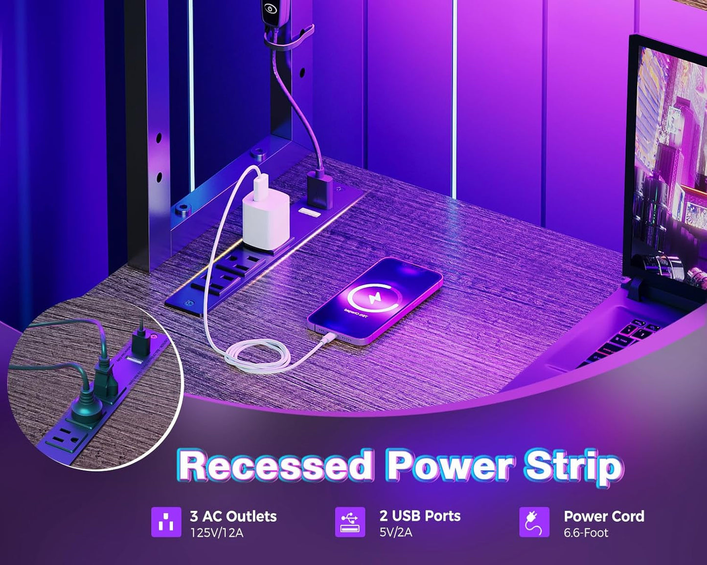 L Shaped Desk Gaming Desk with LED Light & Power Outlet, 53 Inch Reversible L Shaped Computer Desk with Shelf, Corner Desk with Storage Bag&Hook for Home Office Desk, Grey Oak-4