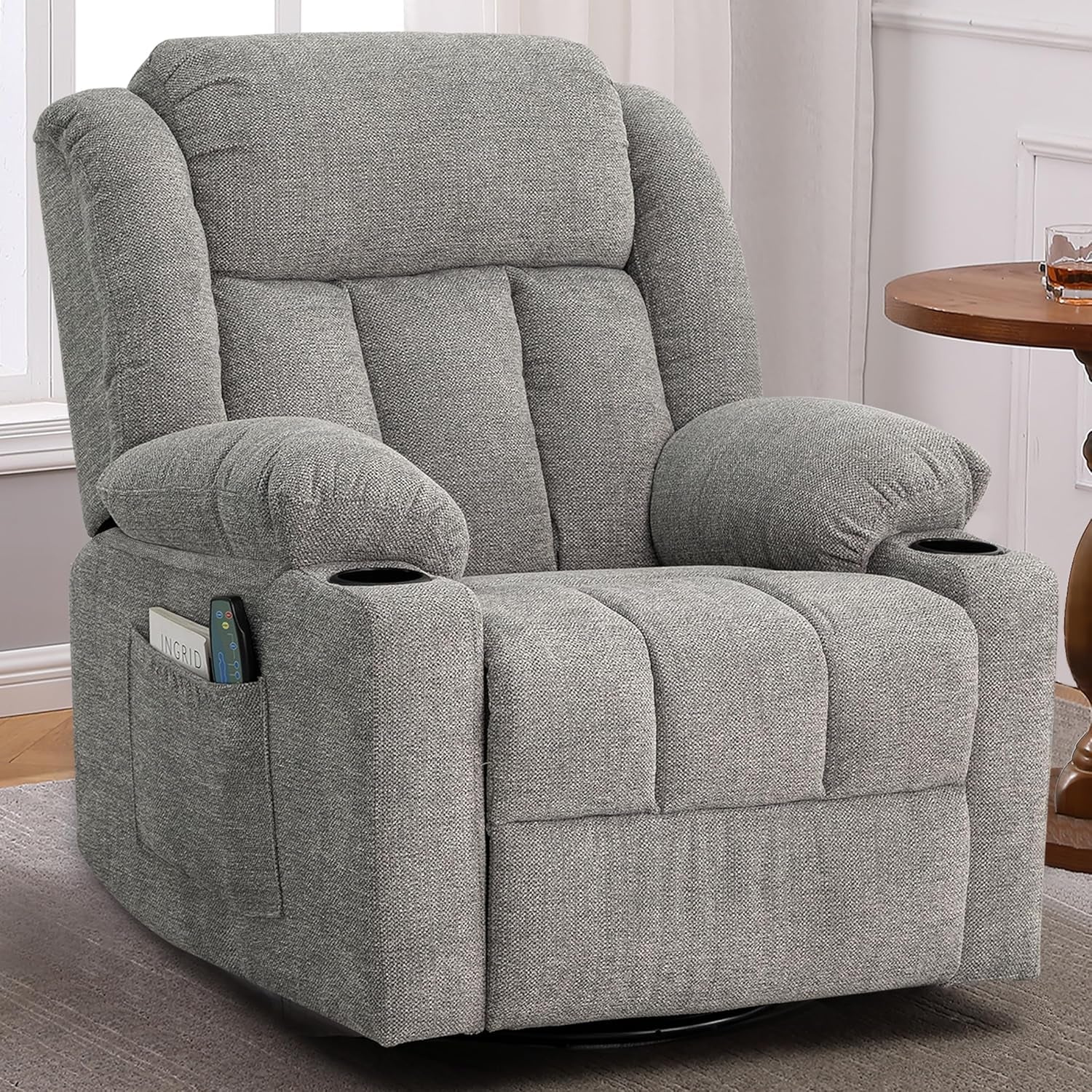 Rocker Swivel Recliner Chair for Adults, Overstuffed Large Manual Recliner Glider with Massage and Heat, Comfy Soft Fabric Living Room Reclining Sofa Chair(Lime Gray)-0