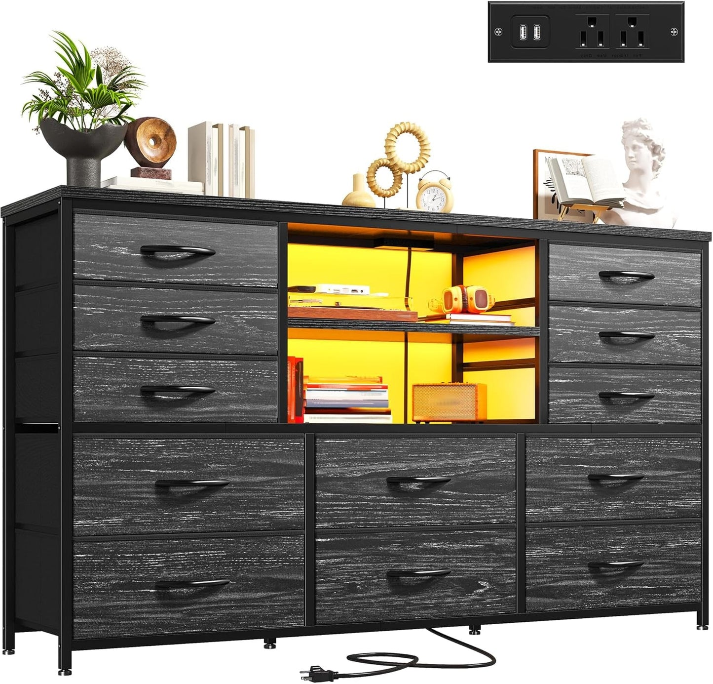 Black Dresser with LED Lights & Power Outlets, 12 Drawers Dresser TV Stand for 60''TV for Bedroom Dresser Fabric Dressers & Chest of Drawers, Sturdy Long Dresser for Closet Living Room,Hallway-0