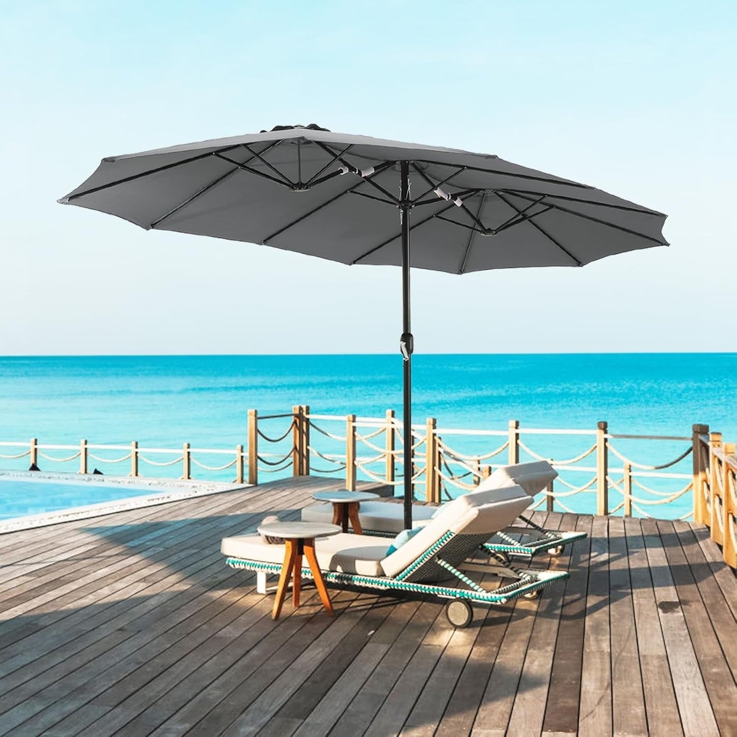 15Ft Large Patio Umbrella, Double Sided Extra Large Umbrella with Base, Rectangular Patio Umbrella Double-Sided Umbrella for Yard Lawn Garden,Grey-0