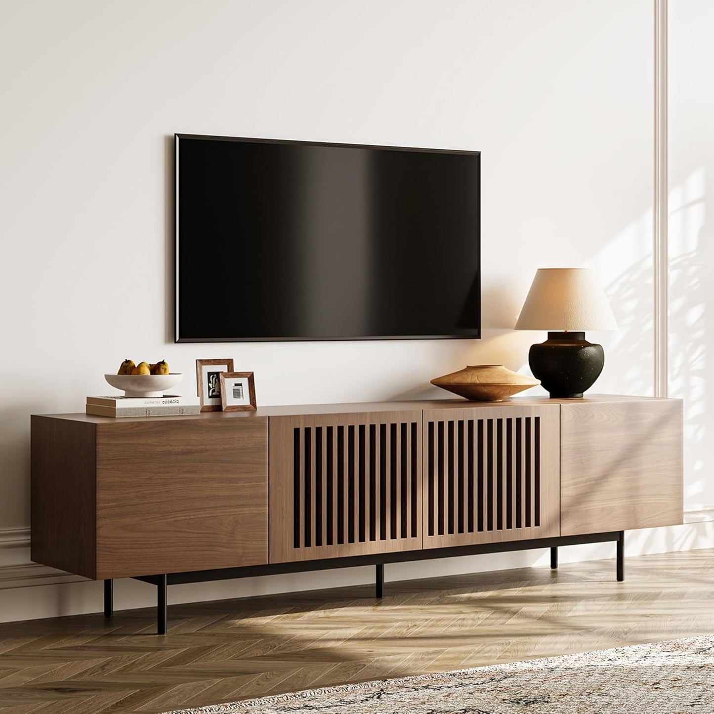 Modern Solid Wood TV Stand, Entertainment Center for 70 75+ Inch TV, Slatted Media Console TV Cabinet with Tall-Cast Metal Legs, Walnut Veneer, Fully-Assembled, 78"-0