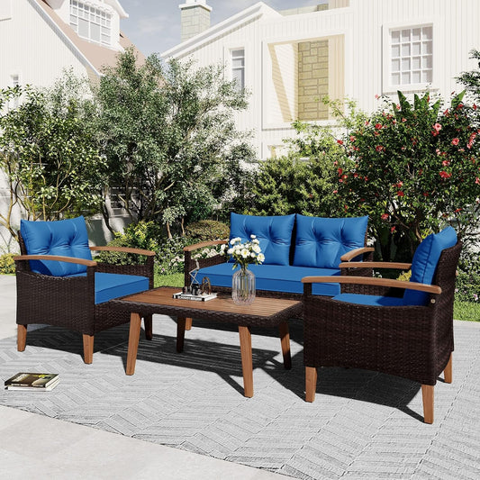 Patio Furniture Sets 4 Pieces, All Weather Outdoor PE Rattan Sofa with Wood Table and Legs, for Lawn, Backyard, Poolside or Garden, Blue-0