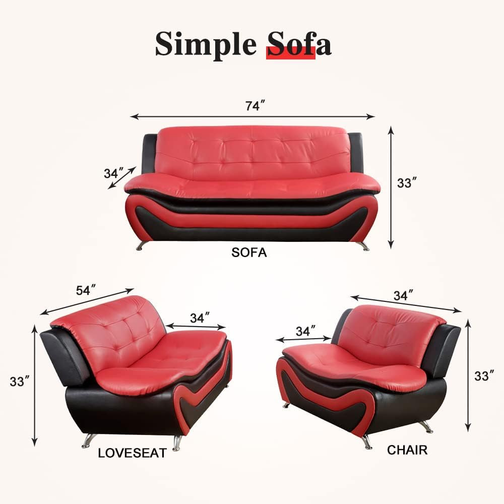 Living Room Furniture Set, Faux Leather Sofa Couch Set, 3 Pieces Modern Sofa Set for Living Room/Apartment/Office (Black&Red)-4