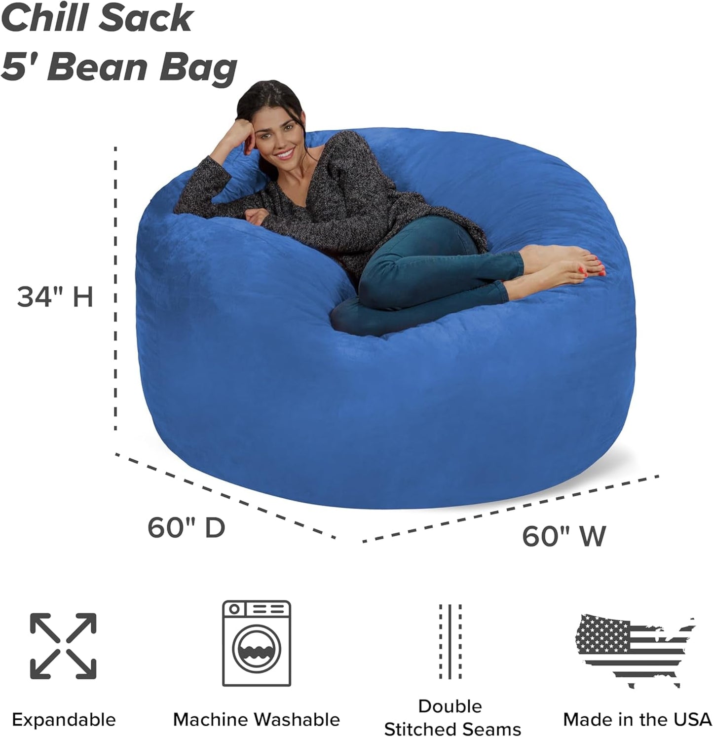 Bean Bag Chair - 5' Giant Memory Foam Lounge Chair with Soft Microfiber Cover – Cozy Furniture for Living Room, Dorm, & Kids' Rooms – Comfortable 5 Ft, Microsuede Lounge Sofa, Royal Blue-2