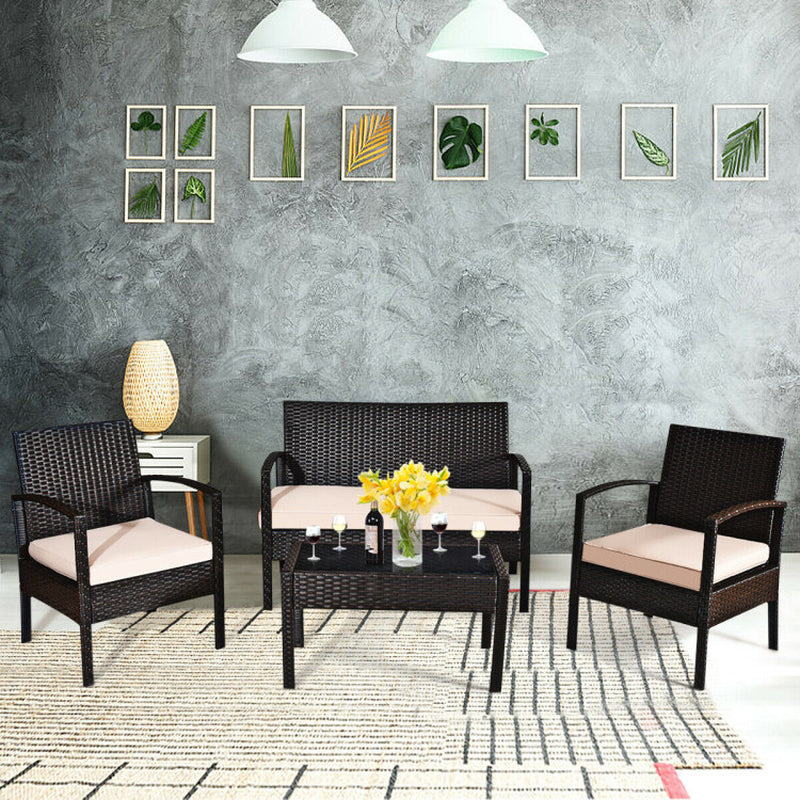 4 Pieces Patio Rattan Conversation Set with Loveseat Sofas and Coffee Table-5