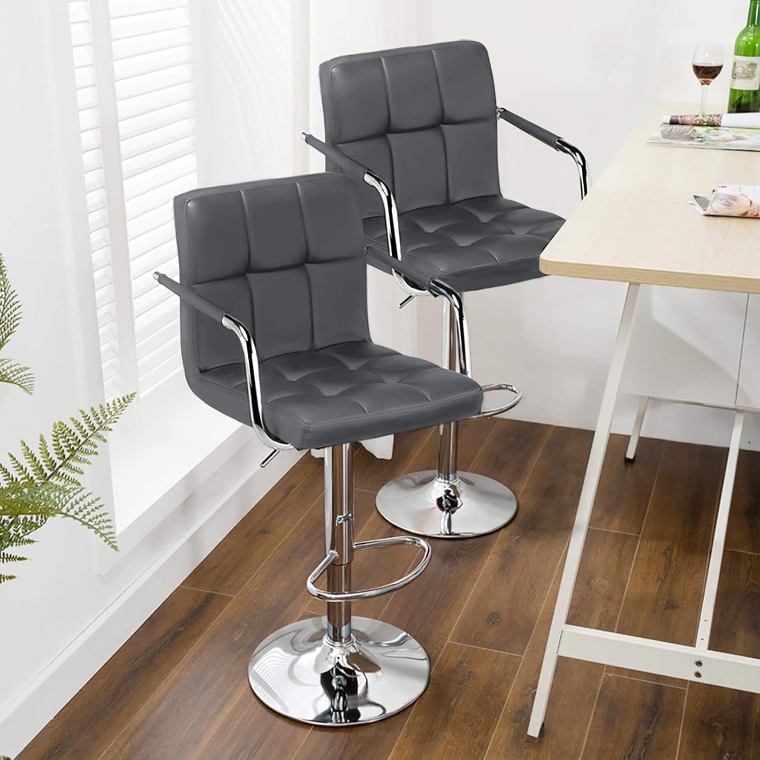 Bar Stools, Adjustable PU Leather Swivel Barstools, Modern Counter Stools with Back and Footrest, Counter Height Barstools for Bar, Kitchen, Dining Room, Set of 2, Grey-3