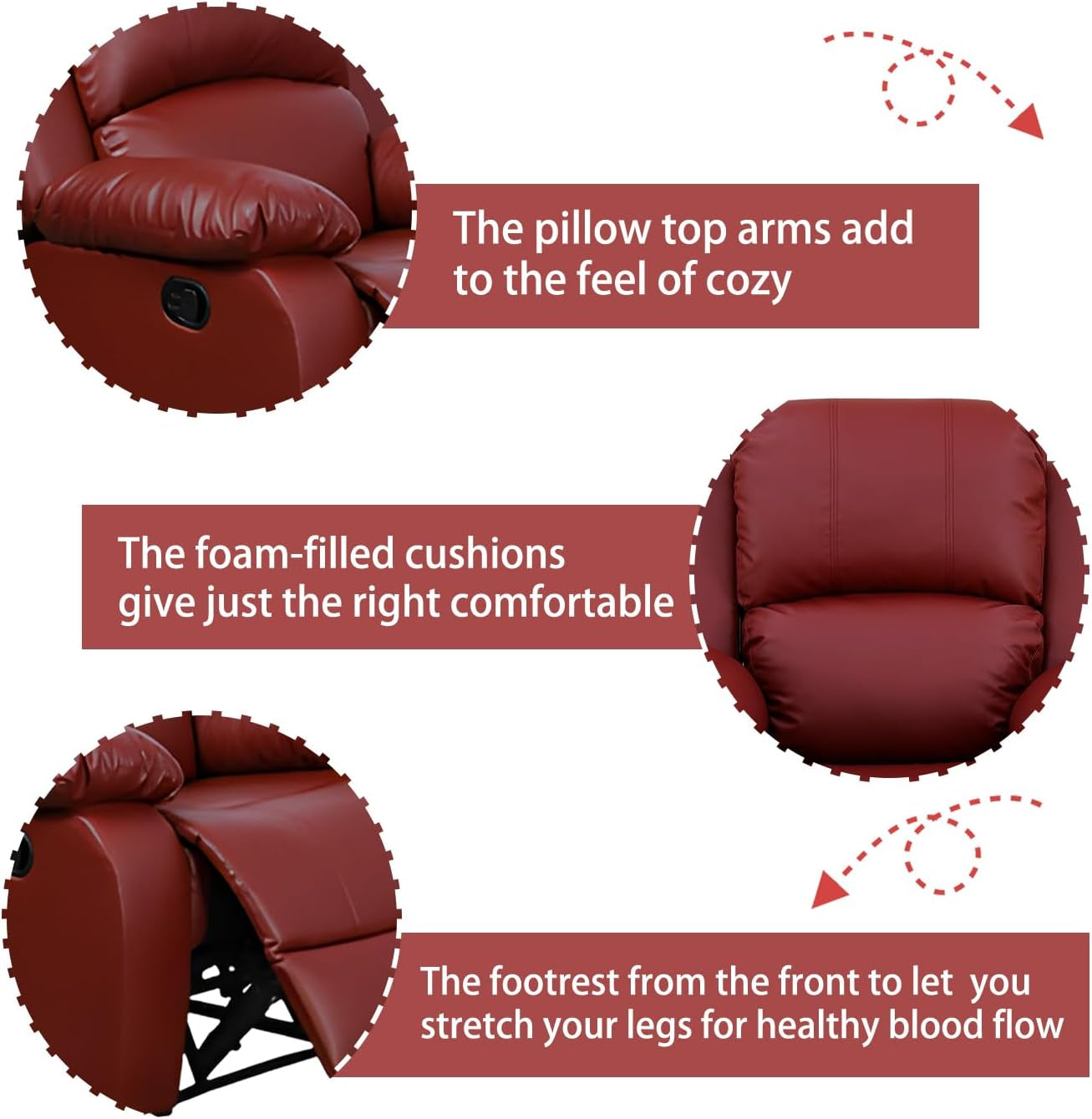 Manual Recliner Sofa Set, Bonded Leather Sofa Set Living Room Furniture, Reclining Sofa Set Leather Recliner Couch with Cup Holder/Storage Console for Living Room (3 Pieces Couch Set, Red)-3