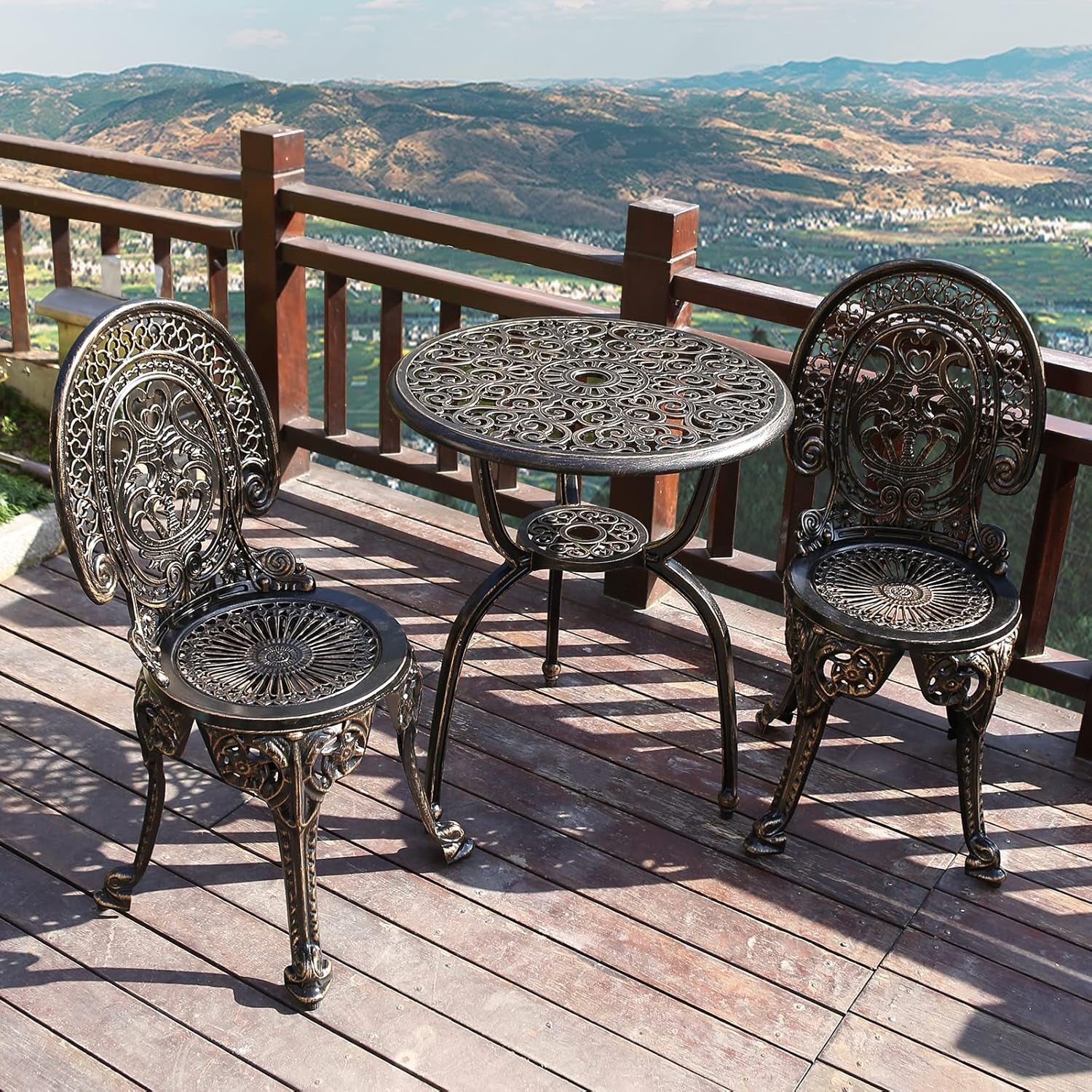Patio Bistro Set.Rust-Resistant Cast Aluminum Bistro Table Set with Umbrella Hole for Backyard (Crown Copper)-0