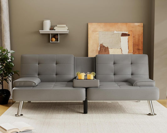 Futon Sofa Bed Modern Folding Futon Set PU Leather Convertible Recliner Lounge for Living Room with 2 Cup Holders, Removable Armrests (PU Leather, Grey)-0